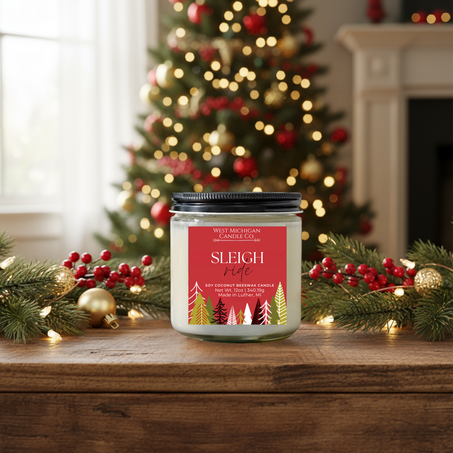 Sleigh Ride Candle - Clean Scent, Natural Soy Coconut Beeswax Wax Blend | Holiday Gift (12 0z)