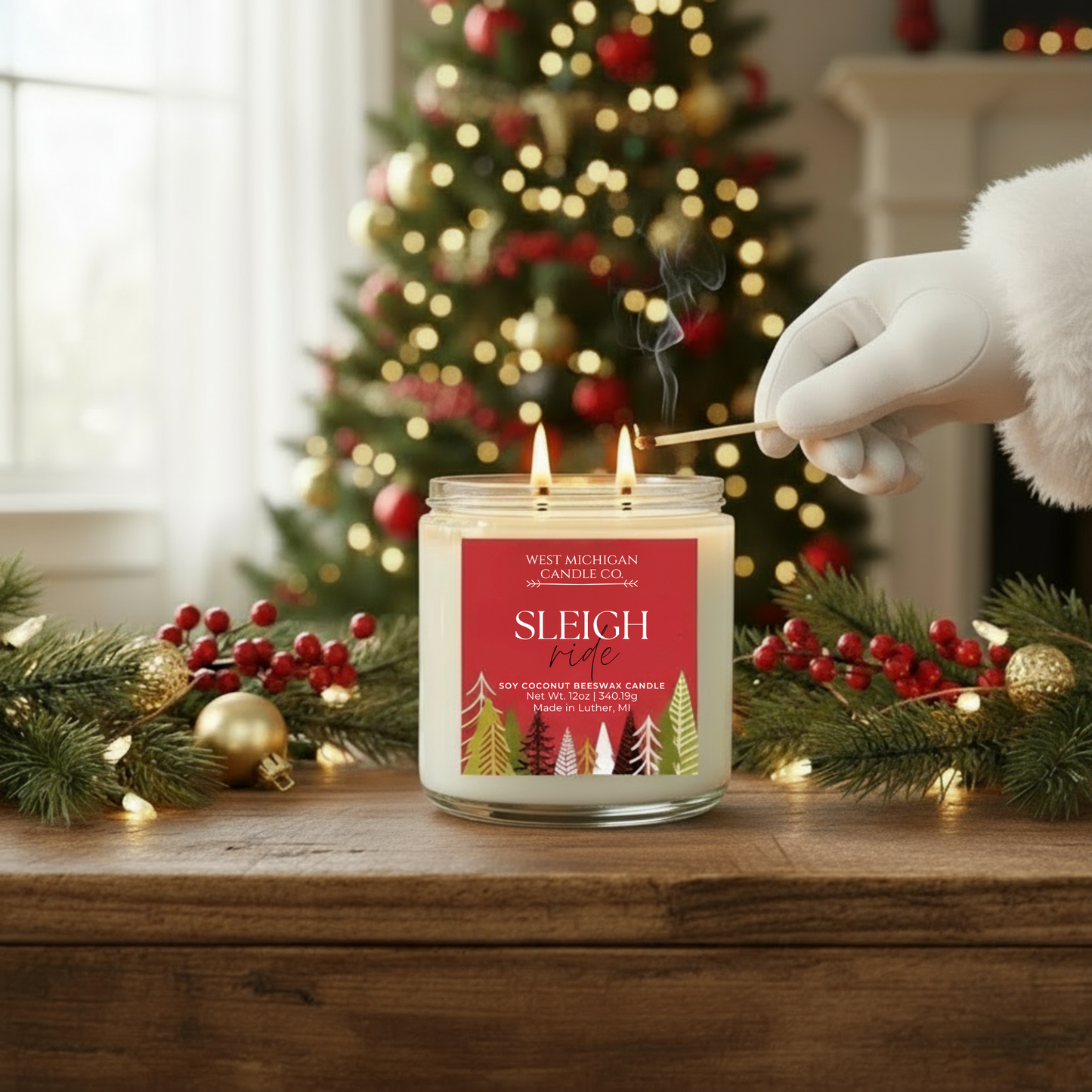 Sleigh Ride Candle - Clean Scent, Natural Soy Coconut Beeswax Wax Blend | Holiday Gift (12 0z)