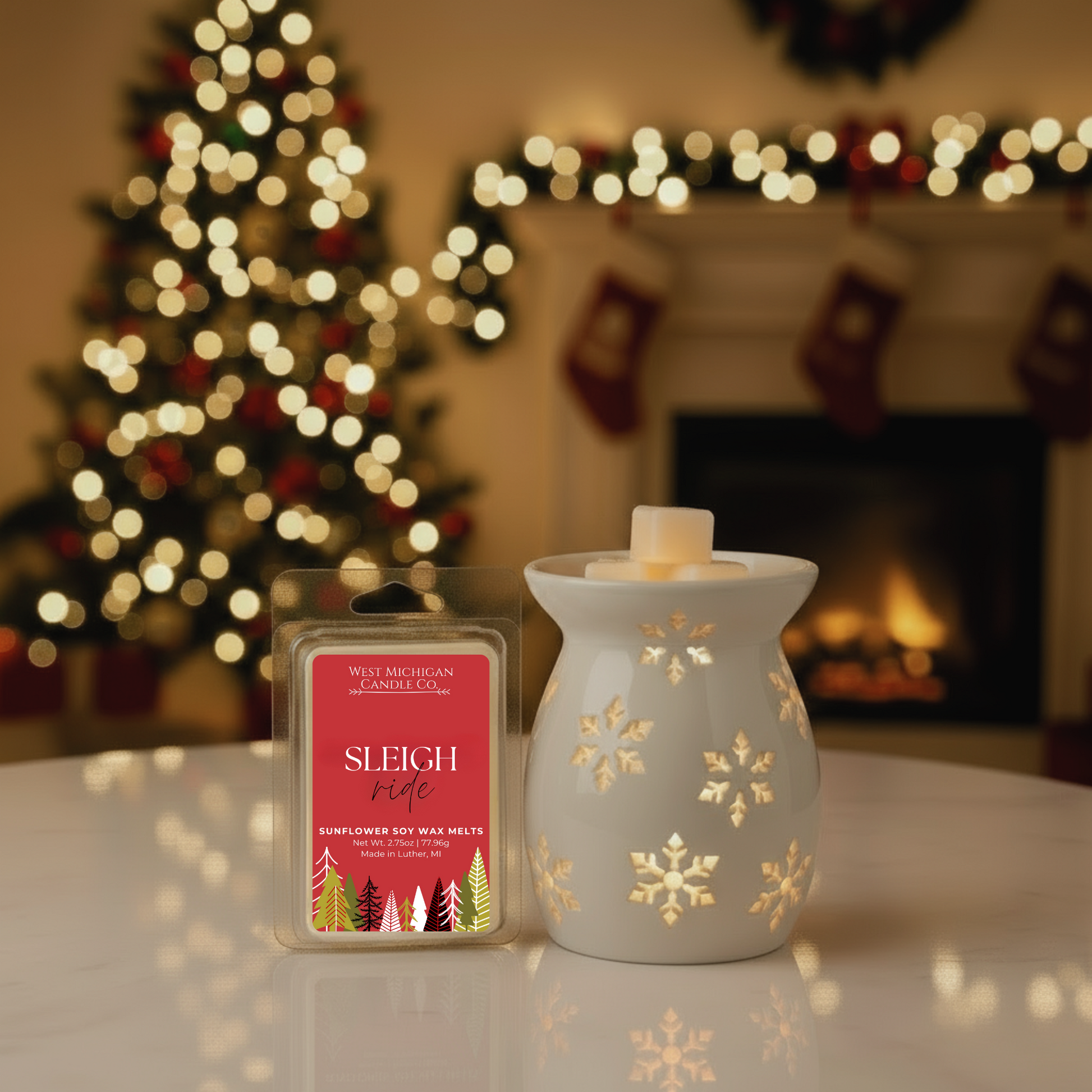 Sleigh Ride wax melts melting in a wax warmer, releasing festive scent