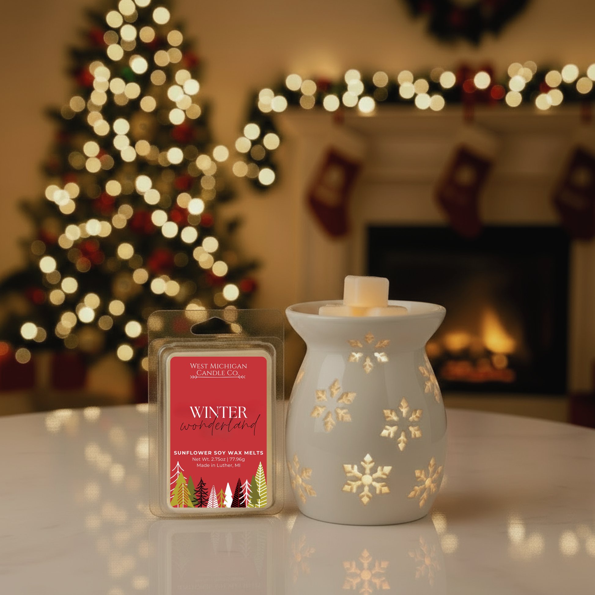 Winter Wonderland wax melts melting in a wax warmer, releasing festive scent